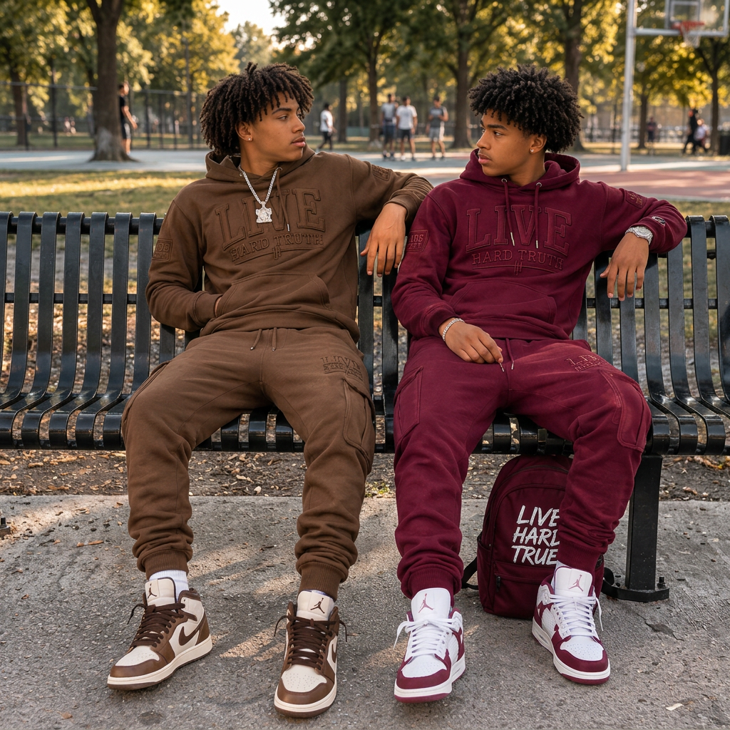 Four models wearing the current Live Hard Truth fall sweatsuit collection